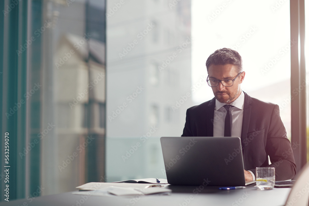 Poster laptop, office and business man reading email, working on website and corporate planning. schedule, 