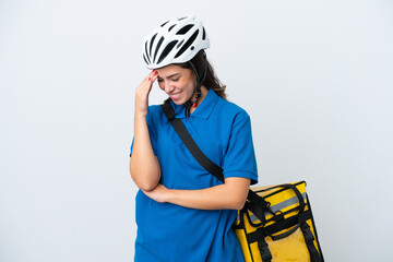 Young delivery woman with thermal backpack isolated on white background laughing