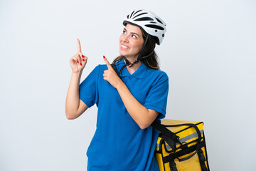 Young delivery woman with thermal backpack isolated on white background pointing with the index finger a great idea