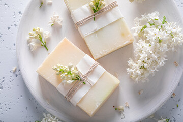 Natural lilac soap made of flowers. Flower aromatic soap.