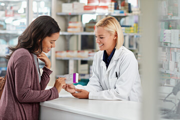 Happy, customer and pharmacist with healthcare medicine assistance, help and expertise at store...