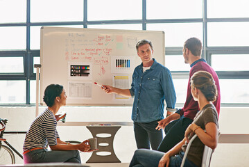Presentation, whiteboard and meeting with business people for planning, idea and review. Data...
