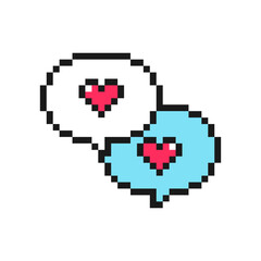 Speech bubbles with hearts, pixel icon. Love symbol for Valentine's Day. Isolated on white background vector sign