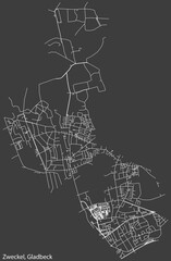 Detailed negative navigation white lines urban street roads map of the ZWECKEL DISTRICT of the German town of GLADBECK, Germany on dark gray background