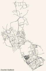 Fototapeta na wymiar Detailed navigation black lines urban street roads map of the ZWECKEL DISTRICT of the German town of GLADBECK, Germany on vintage beige background