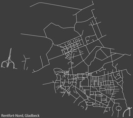Detailed negative navigation white lines urban street roads map of the RENTFORT-NORD DISTRICT of the German town of GLADBECK, Germany on dark gray background