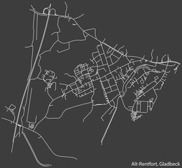 Detailed negative navigation white lines urban street roads map of the ALT-RENTFORT DISTRICT of the German town of GLADBECK, Germany on dark gray background