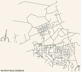 Fototapeta na wymiar Detailed navigation black lines urban street roads map of the RENTFORT-NORD DISTRICT of the German town of GLADBECK, Germany on vintage beige background