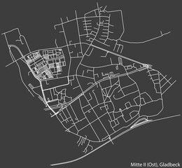 Detailed negative navigation white lines urban street roads map of the MITTE 2 ( OST) DISTRICT of the German town of GLADBECK, Germany on dark gray background