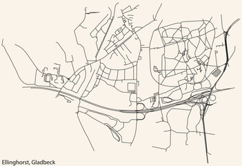 Detailed navigation black lines urban street roads map of the ELLINGHORST DISTRICT of the German town of GLADBECK, Germany on vintage beige background