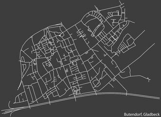 Detailed negative navigation white lines urban street roads map of the BUTENDORF DISTRICT of the German town of GLADBECK, Germany on dark gray background