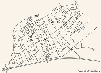 Detailed navigation black lines urban street roads map of the BUTENDORF DISTRICT of the German town of GLADBECK, Germany on vintage beige background