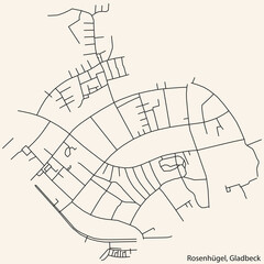 Detailed navigation black lines urban street roads map of the ROSENHÜGEL DISTRICT of the German town of GLADBECK, Germany on vintage beige background