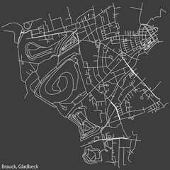Detailed negative navigation white lines urban street roads map of the BRAUCK DISTRICT of the German town of GLADBECK, Germany on dark gray background