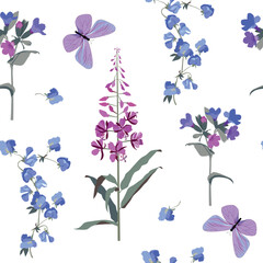 Seamless vector illustration with field herbs and butterflies on a white background.