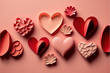 Red hearts background paper cut romantic concept. Generative AI