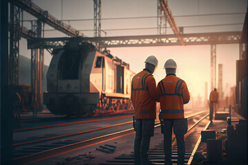  Engineers technician team checkup and analyzing an unfinished on railway station construction project with software and blueprint, Design and plan construction, Teamwork.