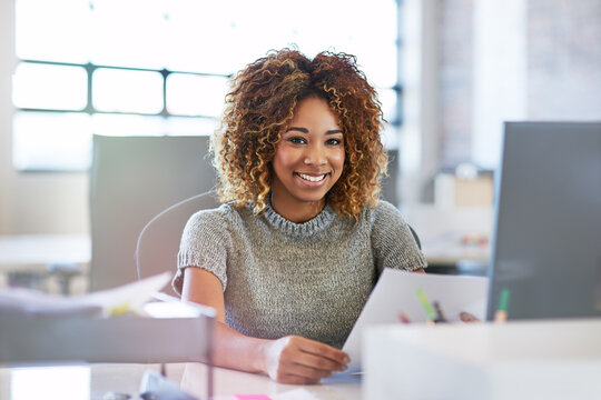 Documents, smile and portrait of black woman with contract for office project or market research at creative startup desk. Happy, paperwork and woman with sales report analysis or performance review.