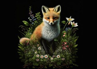 Obraz premium Young fox surrounded by flora and fauna in a tiny ecosystem. Generative AI.