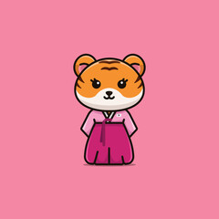 Cute national animal female tiger wearing south korea national dress cartoon illustration