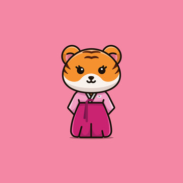 Cute national animal female tiger wearing south korea national dress cartoon illustration