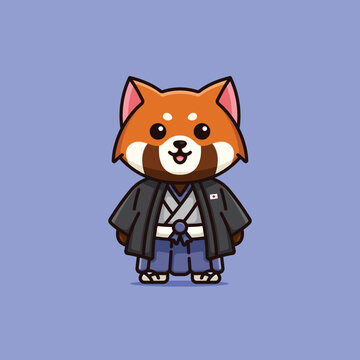 Cute national animal red panda wearing japanese national dress  cartoon illustration