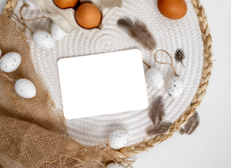 Easter mockup with traditional eggs and sack decor