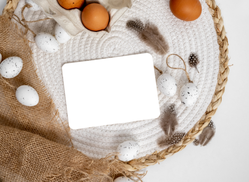 Easter mockup with traditional eggs and sack decor