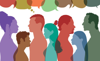 Multi-ethnic people in community. Immigration of diversity people. socail networking and Speech bubble. Flat vector illustration