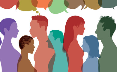 Multi-ethnic people in community. Immigration of diversity people. socail networking and Speech bubble. Flat vector illustration