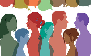 Multicoloured people. Communication and social networking. Conservation between group of people and Speech bubble. Flat vector illustration