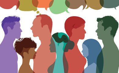 Dialogue between group of diverse people. Speech bubble and Communication. Flat vector illustration