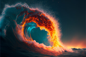 Wave of water and fire. AI generated.