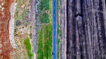 Drone shot of  the road Lake Corangamite, Victoria, Australia