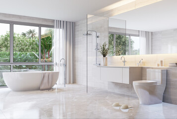 Fototapeta na wymiar Modern luxury white bathroom with garden view 3d render,There are marble floor and wall and glass clear partition,Decorated with orange lights hidden behind the mirror