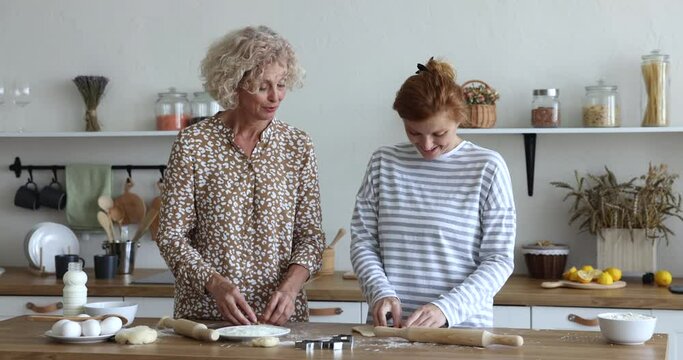 Attractive blond older woman and adult 35s redhead daughter standing cooking together in modern kitchen talking while making dumplings, prepare homemade cookies enjoy conversation on weekend at home