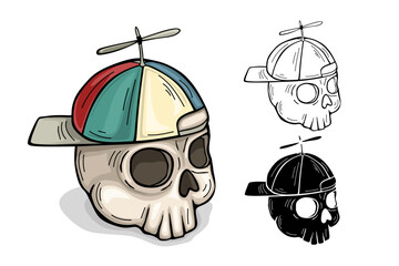 Funny cartoon skull character in cap