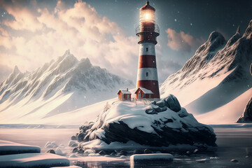 Lighthouse on snowy island in winter landscape created with Generative AI Technology