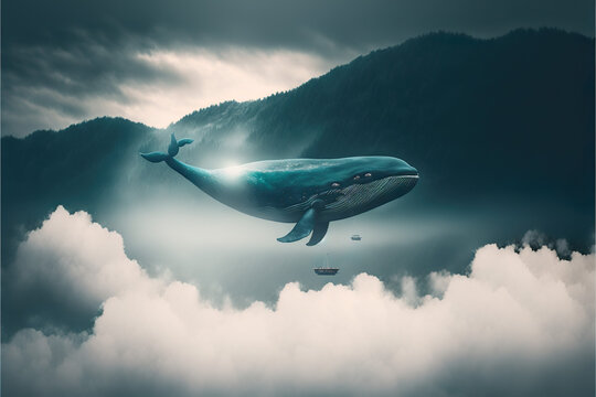 Flying whale in the clouds and mountains fantasy landscape dreamscape with generative ai