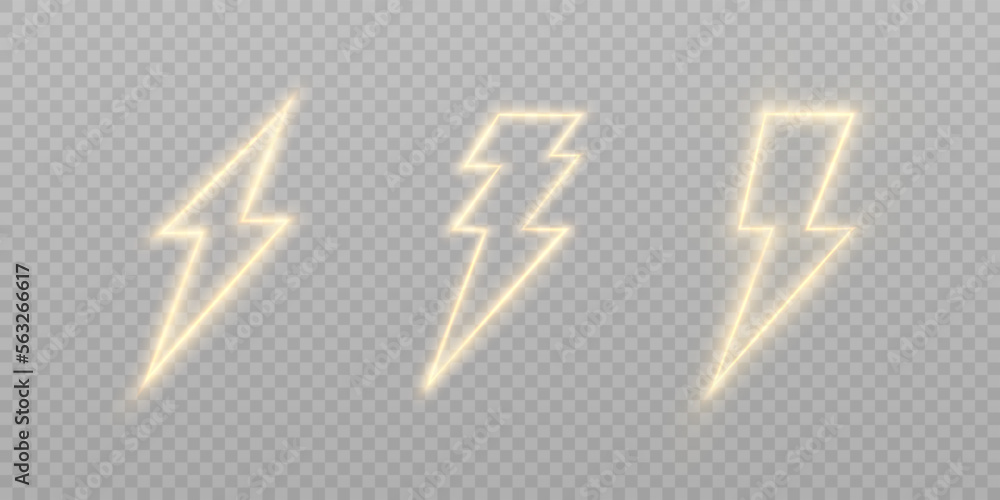 Poster Golden Lightning icon isolated on transparent background. Cartoon lightning icon. Thunder strike. For web design illustrations.