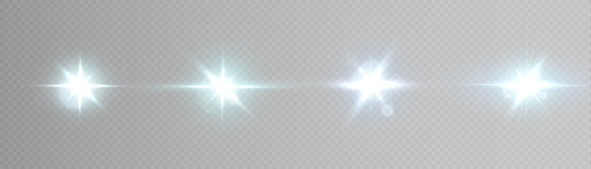 Set of light effects white glowing light isolated on transparent background. Solar flare with rays and glare. Glow effect. Starburst with shimmering sparkles.