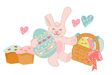 Easter adorable bunny and basket of colored eggs, sweet cakes in cute kawaii style, flat vector illustration isolated on white. Funny hand drawn spring design with rabbit for holiday cards and prints.