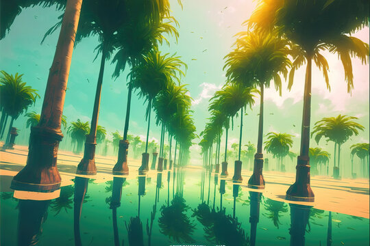 a beach scene with palms, reflecting in water, generative ai technology