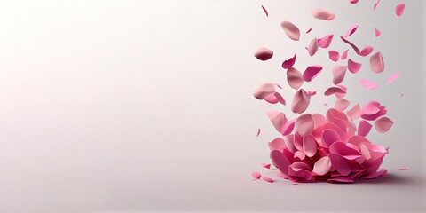 Rose petals falling on solid pink background. Happy Valentines day card flower concept with copyspace for text. Luxury brand display banner