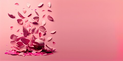 Rose petals falling on solid pink background. Happy Valentines day card flower concept with copyspace for text. Luxury brand display banner
