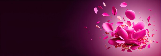 Rose petals falling on solid pink background. Happy Valentines day card flower concept with copyspace for text. Luxury brand display banner