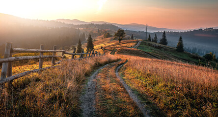 Incredible nature landscape. View on green grassy meadows in fantastic evening sunlight. Rural road and foggy meadow in dramatic colorful sky. Amazing nature background. Picture of wild area.