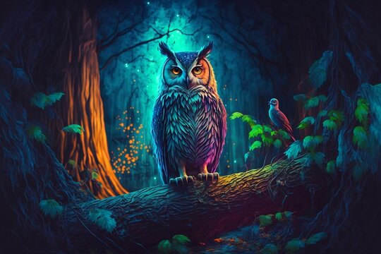 un hiboux pos&eacute; sur une branche dans une for&ecirc;t fantastique - illustration ia
