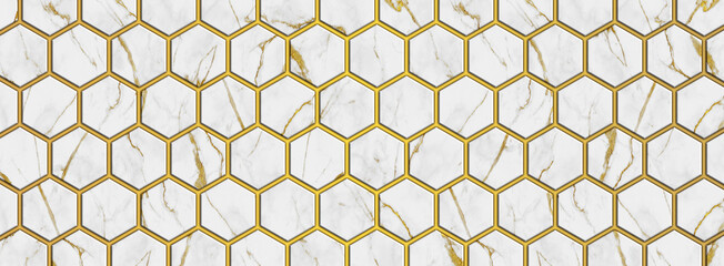 Small hexa tiles with white marble gold stone with golden segmentation lines