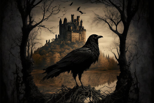 Raven On A Dark Fantasy Landscape With Dead Trees And A Castle Illustration